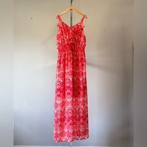 Faded Glory Women's Plus-Size Ikat Print Chiffon Midi Dress Coral Flame 1X (16W)